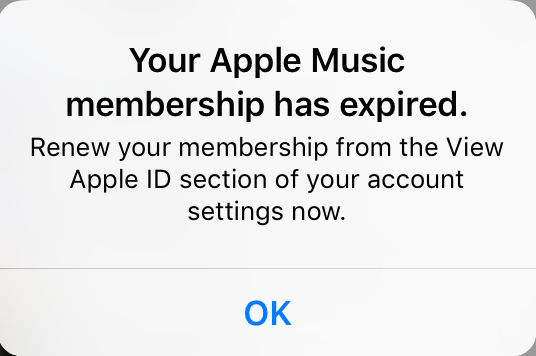 Your Apple Music Membership has expired error message.
