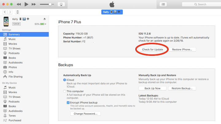Fix a corrupt or not compatible iTunes backup by updating the iPhone in iTunes