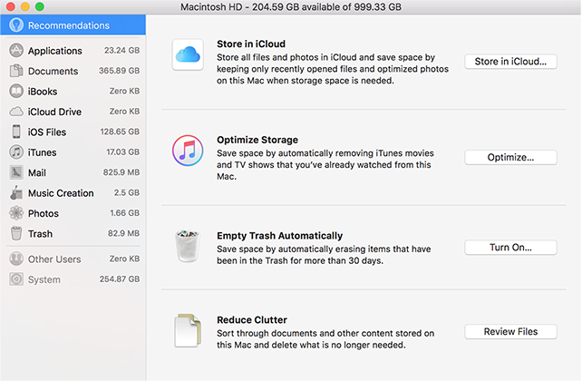 Apple's options to manage hard drive space and file storage on Mac computer.