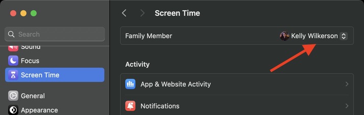 On macOS, select the family member from the dropdown menu at the top of the window.