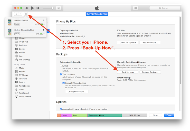 iTunes screenshot with instructions added for how to make a backup an iPhone