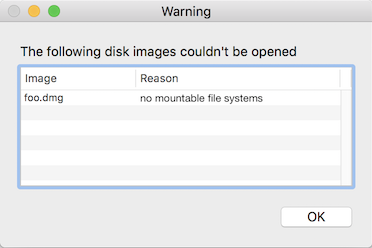 macOS error message no mountable file systems while trying to open a dmg.