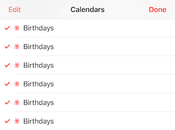 iOS 10 issue where the Birthdays calendar appears many times in the iPhone calendar list.
