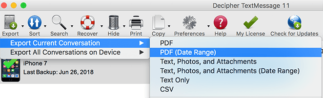 Screenshot displaying how to print text messages from iPhone with a specific time and date range