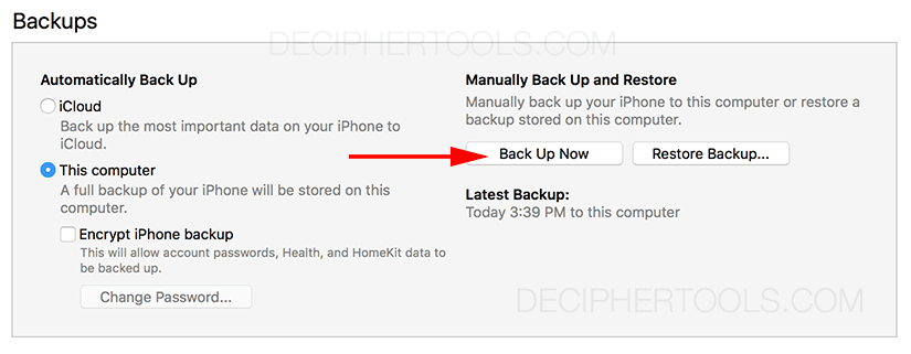 Screenshot of iTunes showing how to make a backup by selecting Back Up Now