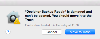 Decipher Backup Repair is damaged and can't be opened. You should move it to the Trash.