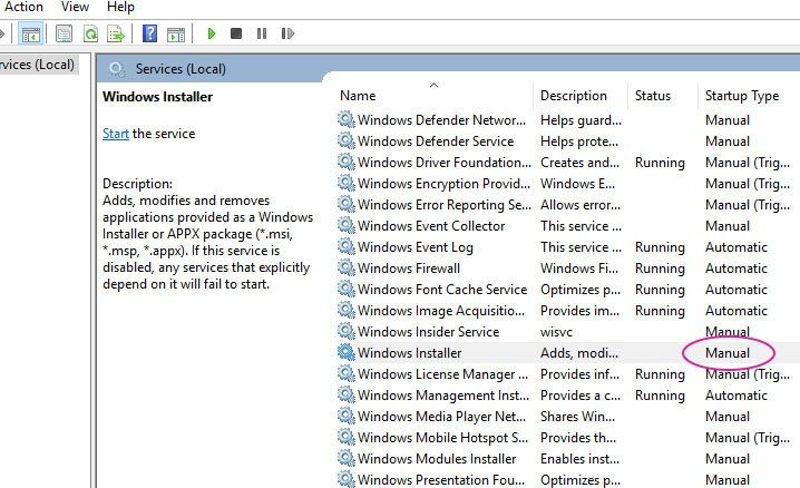 Manual startup for Windows Installer service.